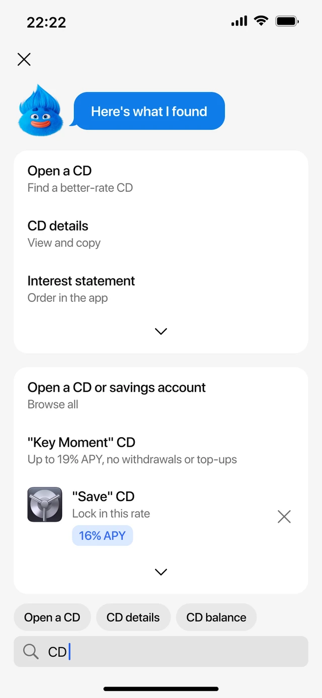 Gazik, the bank's animated mascot, on the search page, screen 3